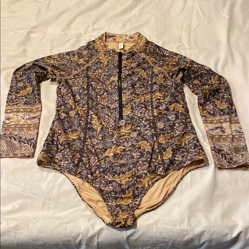 Spell Oasis Long Sleeve One Piece Swimsuit in Brown and Gold Floral
